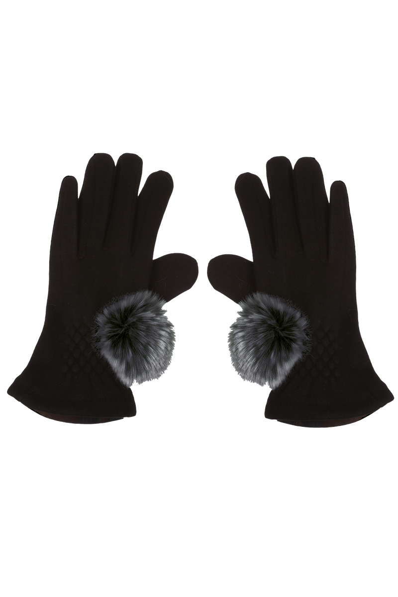 Stretchy Gloves with Faux Fur Pom Pom - One Size