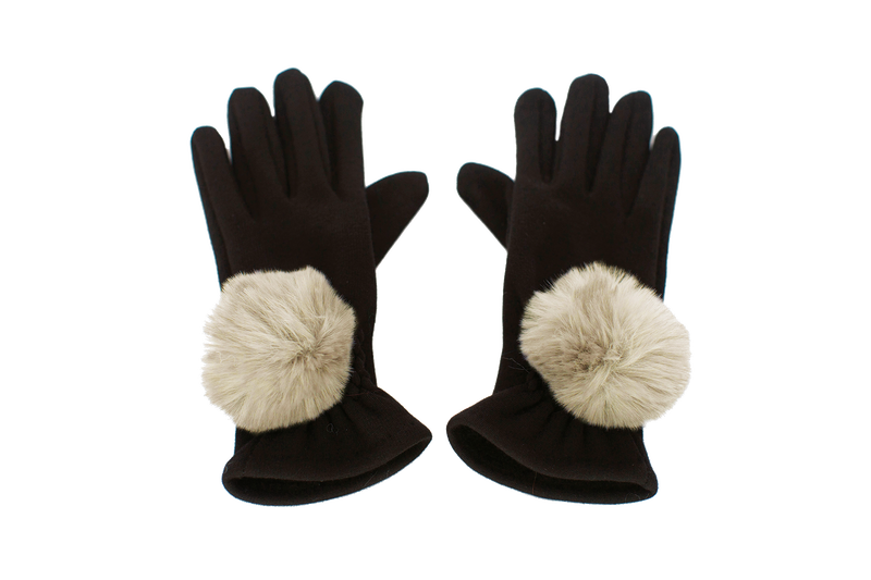 Stretchy Gloves with Faux Fur Pom Pom - One Size