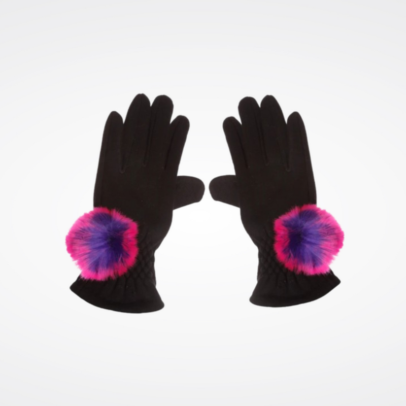 Stretchy Gloves with Faux Fur Pom Pom - One Size