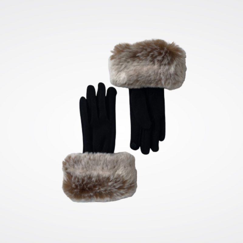 Gants extensibles avec bandeau en fausse fourrure couleur chataigne Maison Prélonge.