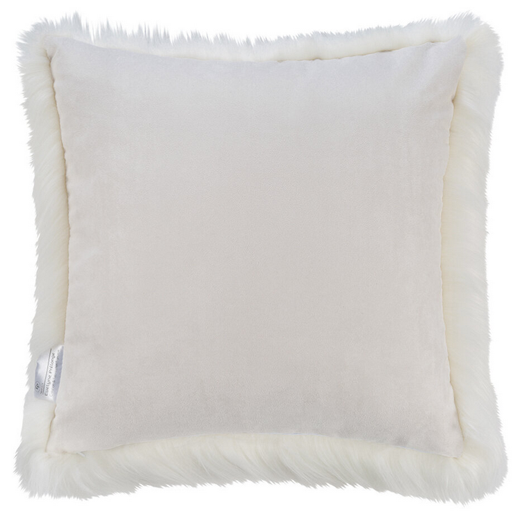 Coussin carré en fausse fourrure himalaya ivoire et doublure en suédine Maison Prélonge.