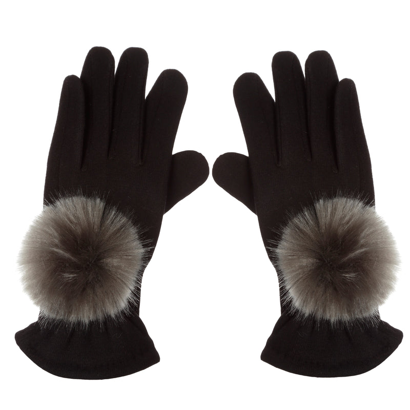 Gants extensibles avec pompons en fausse fourrure couleur gris smoky Maison Prélonge.