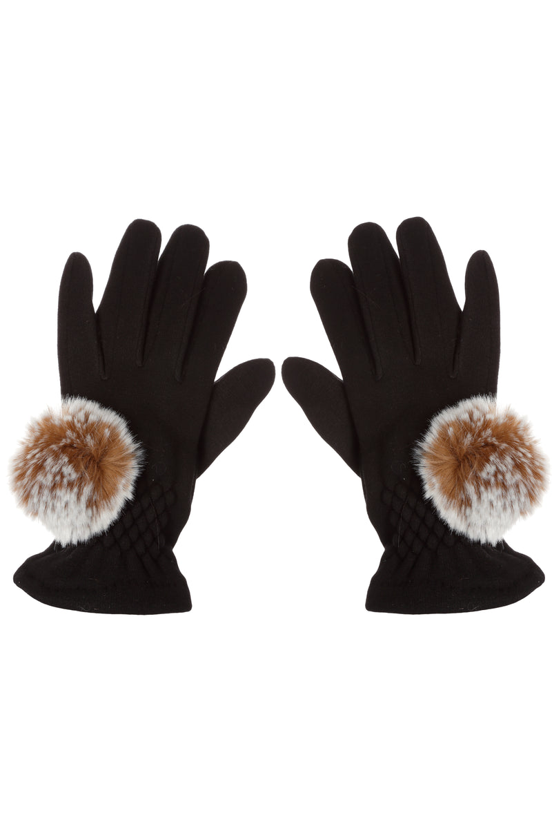 Gants extensibles avec pompons en fausse fourrure couleur châtaigne Maison Prélonge.