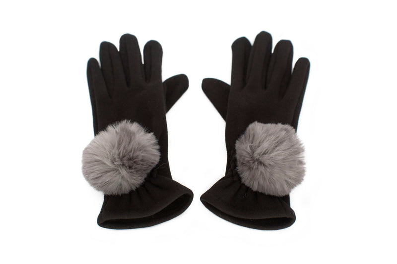 Gants extensibles avec pompons en fausse fourrure couleur gris smoky Maison Prélonge.