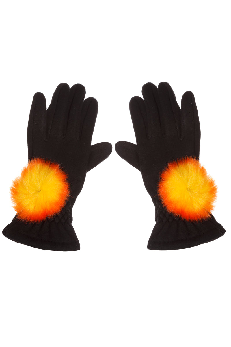Gants extensibles avec pompons en fausse fourrure couleur orange Maison Prélonge.