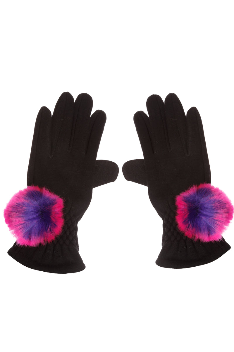 Gants extensibles avec pompons en fausse fourrure couleur rose fuchsia Maison Prélonge.