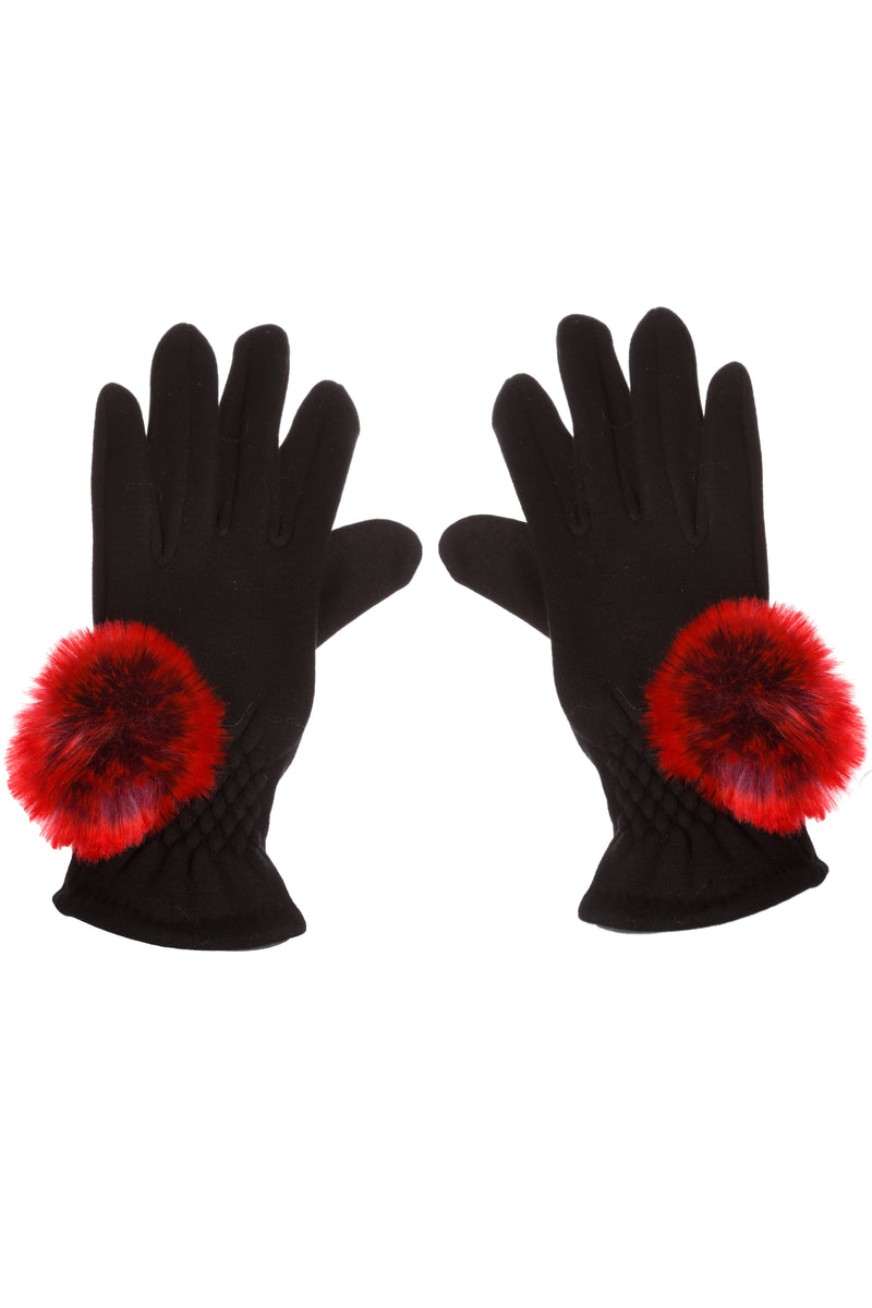 Gants extensibles avec pompons en fausse fourrure couleur rouge Maison Prélonge.