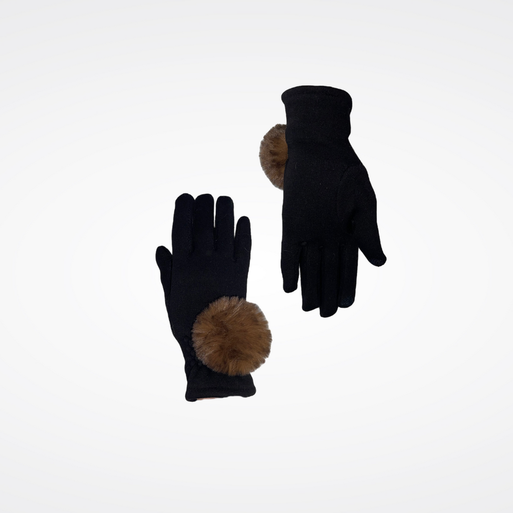 Gants extensibles avec pompons en fausse fourrure couleur chocolat Maison Prélonge.