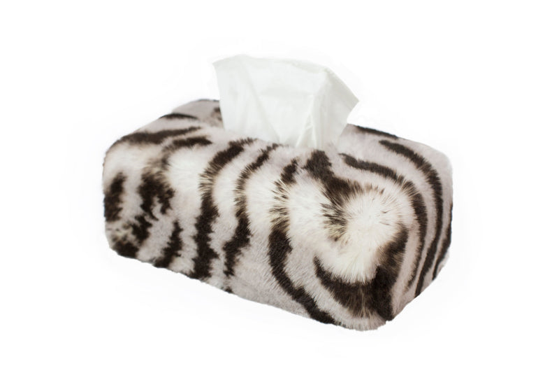 Couvre boite mouchoirs rectangle en fausse fourrure couleur tigre blanc Maison Prélonge.
