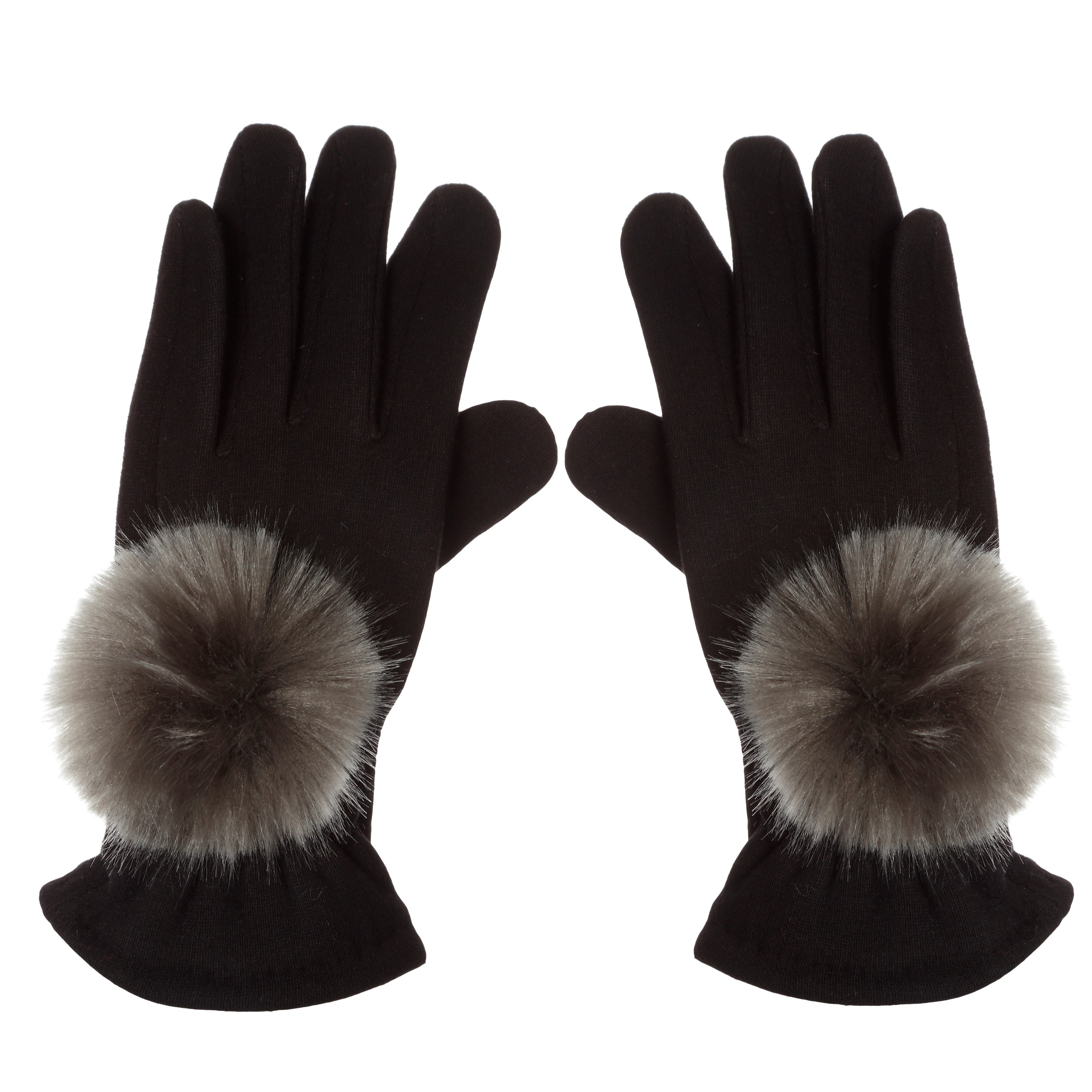 Gants extensibles avec pompons en fausse fourrure couleur gris smoky Maison Prélonge.