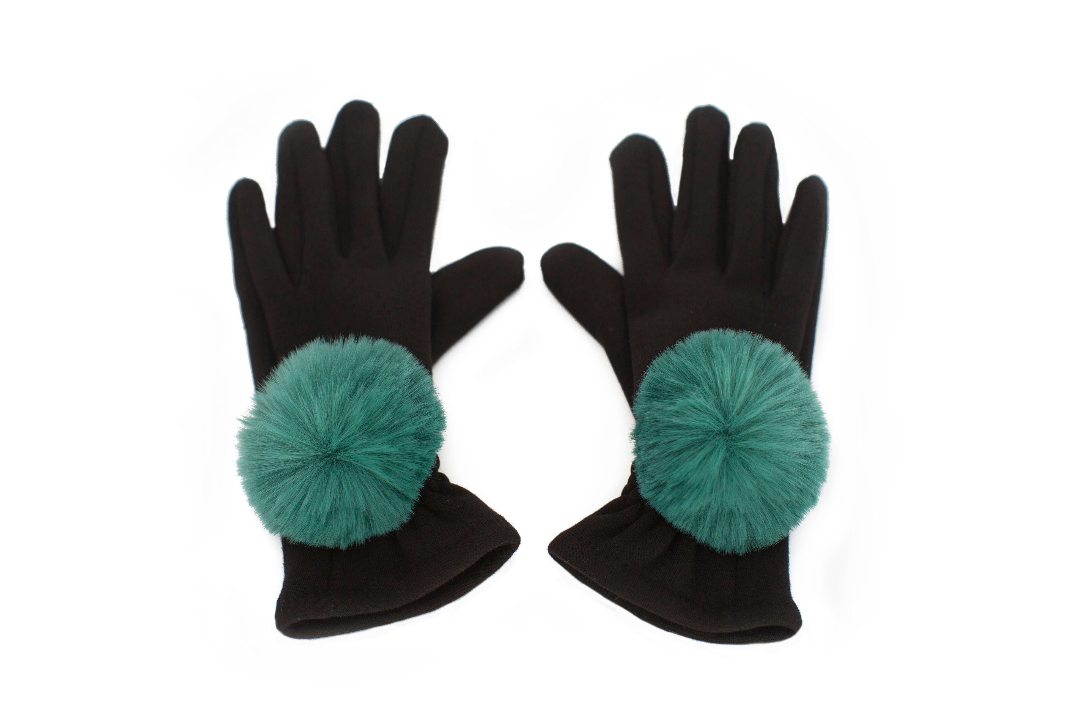 Gants extensibles avec pompons en fausse fourrure couleur vert alpin Maison Prélonge.