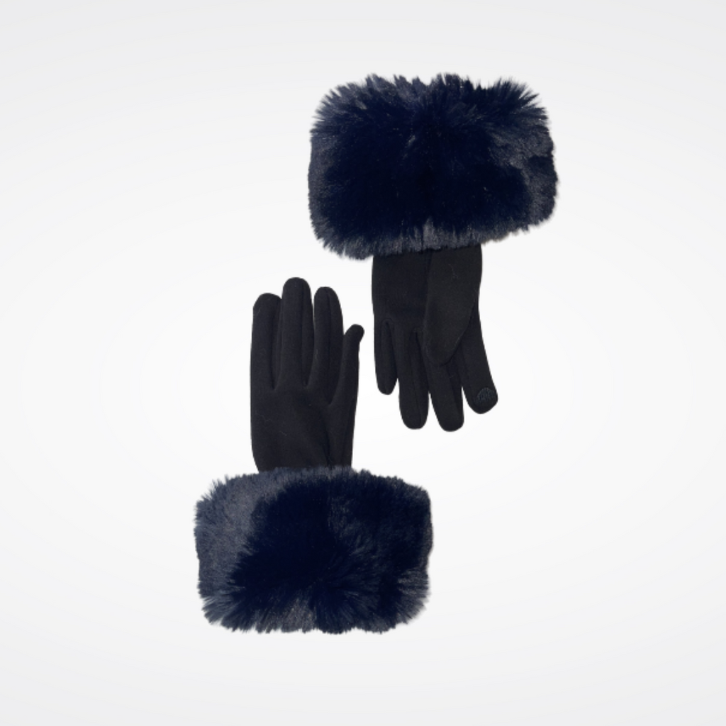 Gants extensibles avec bandeau en fausse fourrure couleur bleu marine Maison Prélonge.