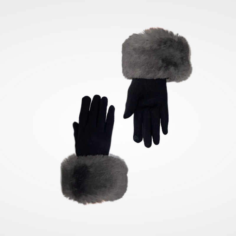 Gants extensibles avec bandeau en fausse fourrure couleur gris smoky Maison Prélonge.
